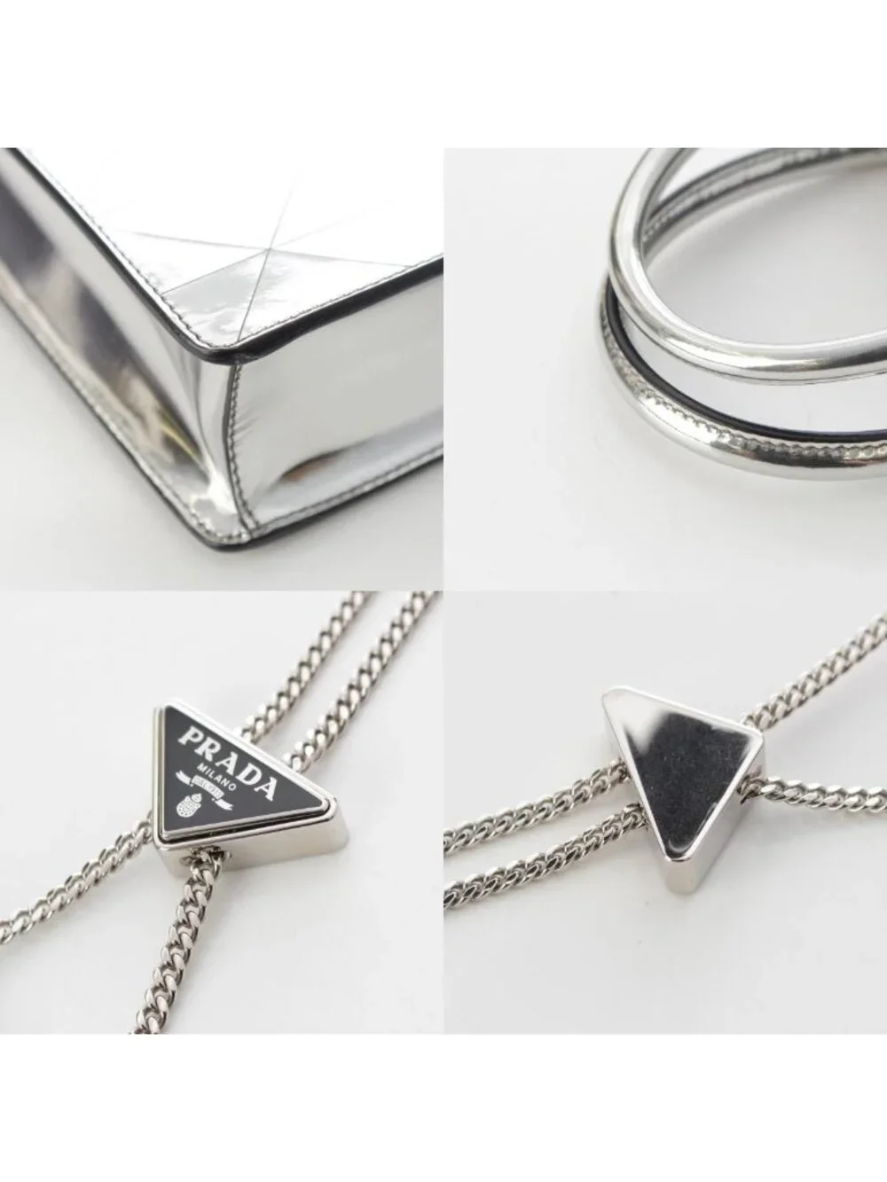 Prada Leather Triangle Logo Mini Chain Shoulder Bag Silver - Picture 9 of 10